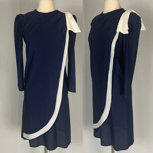 Vintage Dress Size 7 Navy Blue Bow Puff Sleeve Secretary Retro Preppy 70s 80s